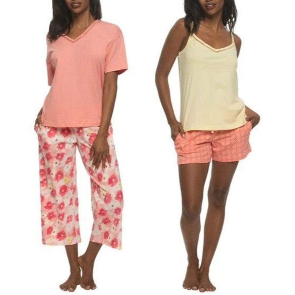 Felina Women's Cotten 4-piece PJ Set Pink & Yellow Floral/Lattice XS NWT